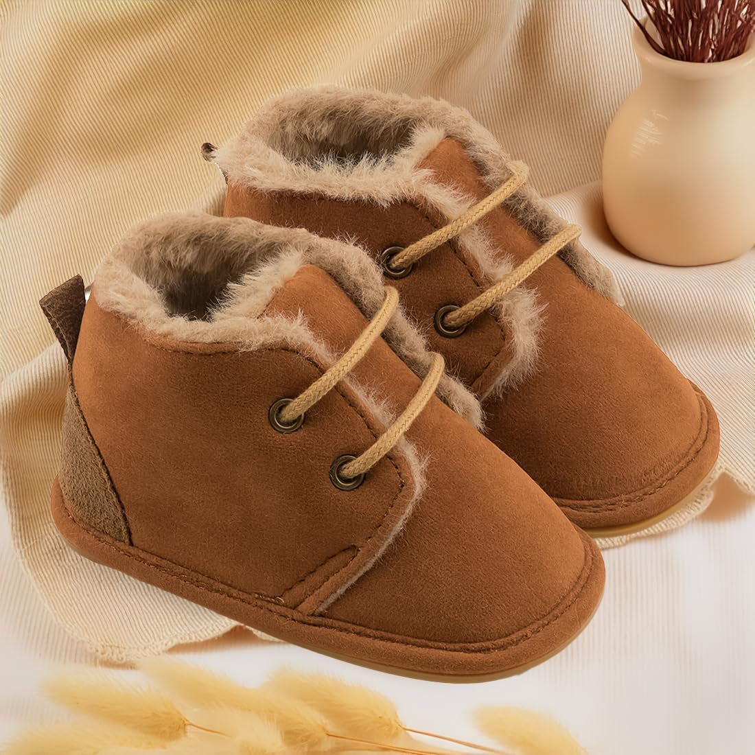 Baby Booties Newborn Girl Boy Shoes Infant Fleece Cozy Fur Lining Winter Warm Ankle Boots Rubber Sole Anti-Slip Prewalker Boots