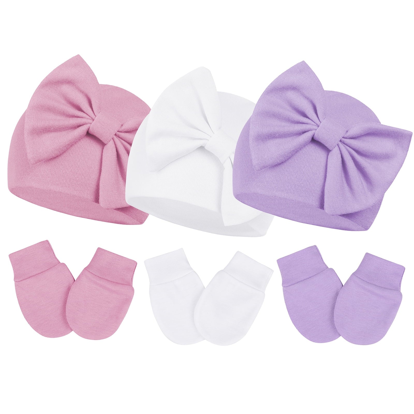 Infant Hat and Mitten Set Beanie Bow Baby Caps Newborn Caps with No Scratch Mittens Set Pink& White& Purple 0-6 Months